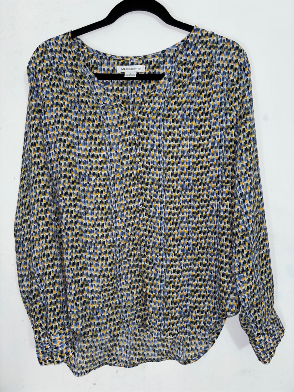 Liz Claiborne Blue and Yellow Printed Button-Down Blouse